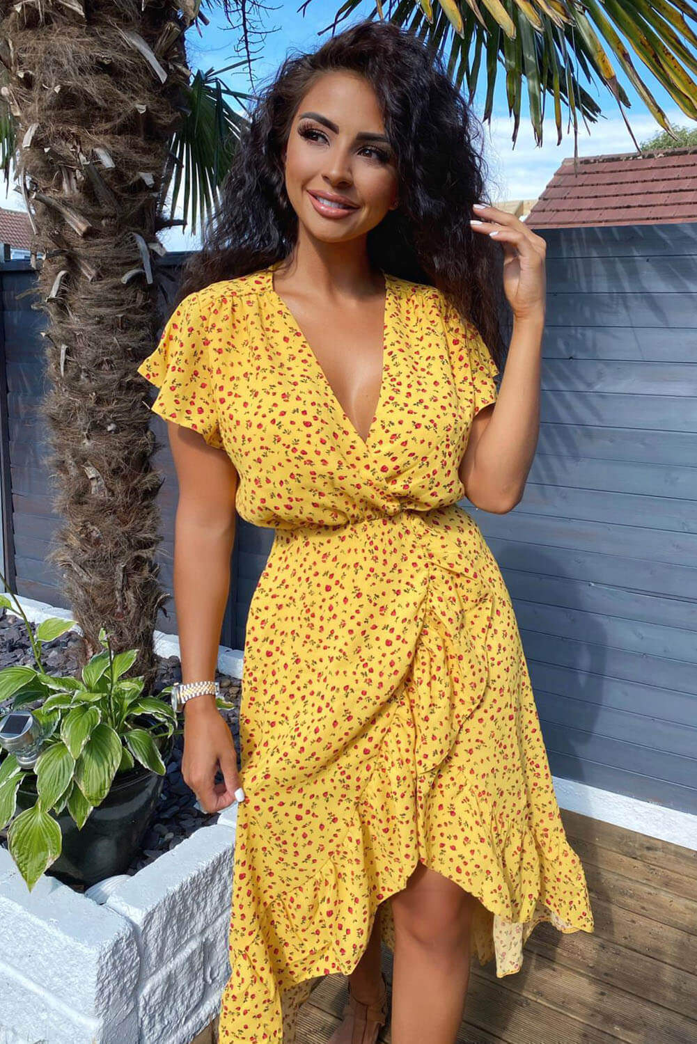 V neck Printed Frill Midi Dress - Swimclubus