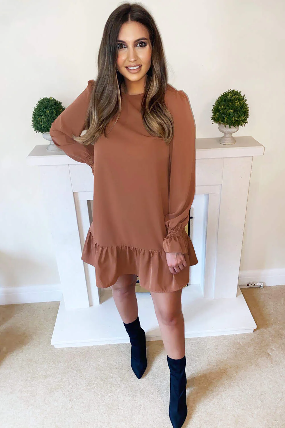 Camel Long Sleeve Frill Shift Dress - Swimclubus