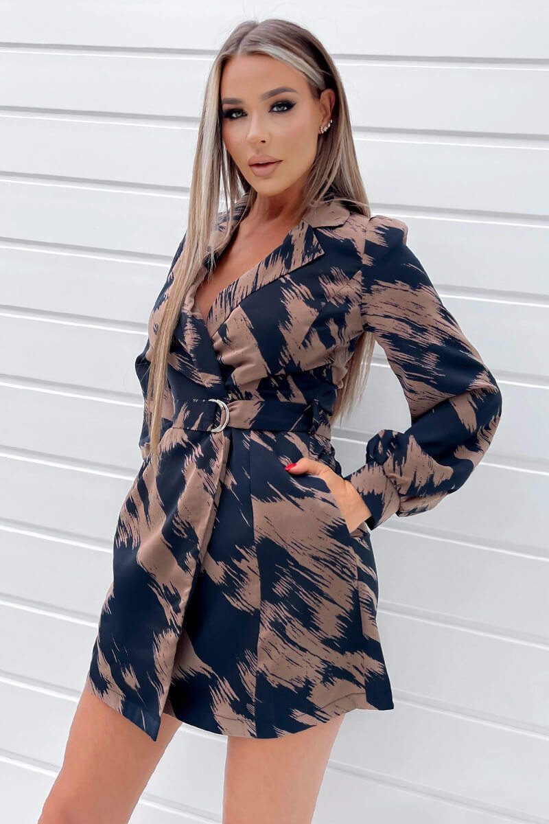 Brown and Navy Printed Long Sleeve Wrap Mini Dress - Swimclubus