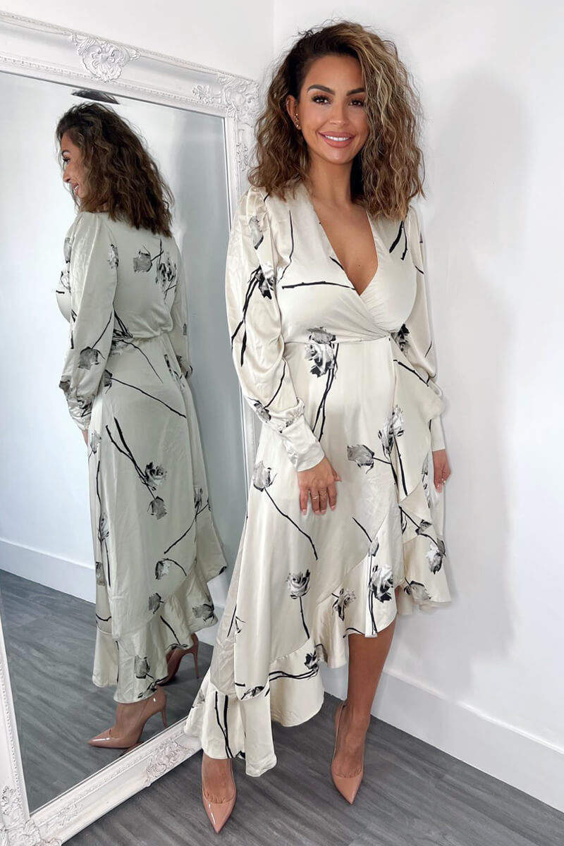 Stone Floral Printed Wrap Over Long Sleeve Dress - Swimclubus