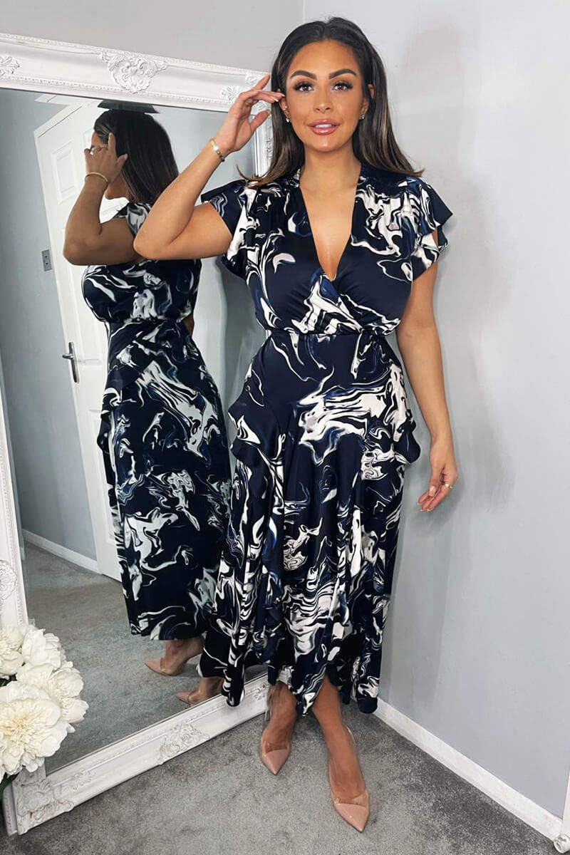 Navy Marble Print Short Sleeve Ruffle Midi Dress - Swimclubus