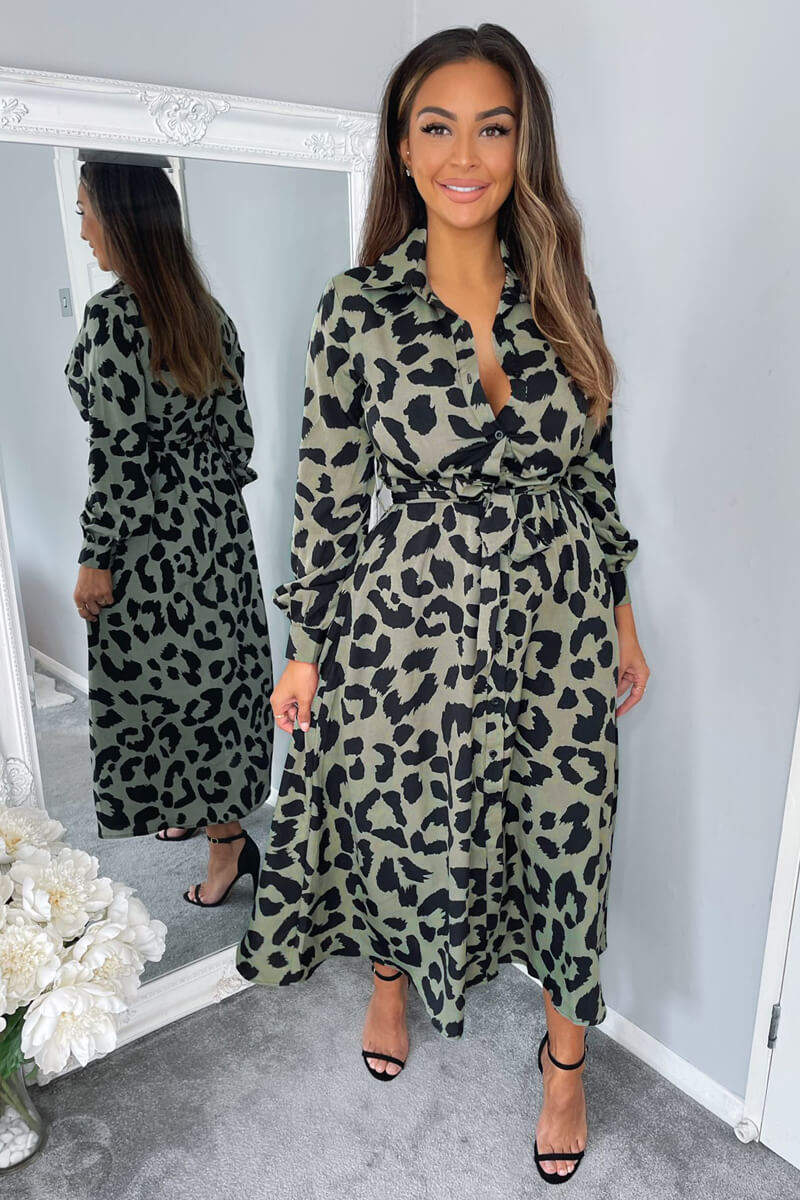 Khaki Animal Print Button Up Midi Dress - Swimclubus