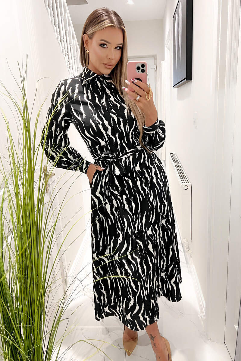 Black And White Printed Button Up Midi Shirt Dress - Swimclubus