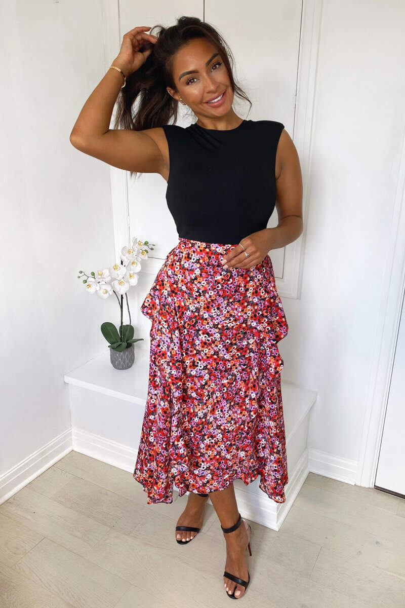 Red Printed Skirt 2 in 1 Midi Dress - Swimclubus