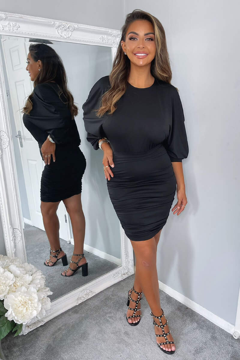 Black Bat Wing Ruched Mini Dress - Swimclubus