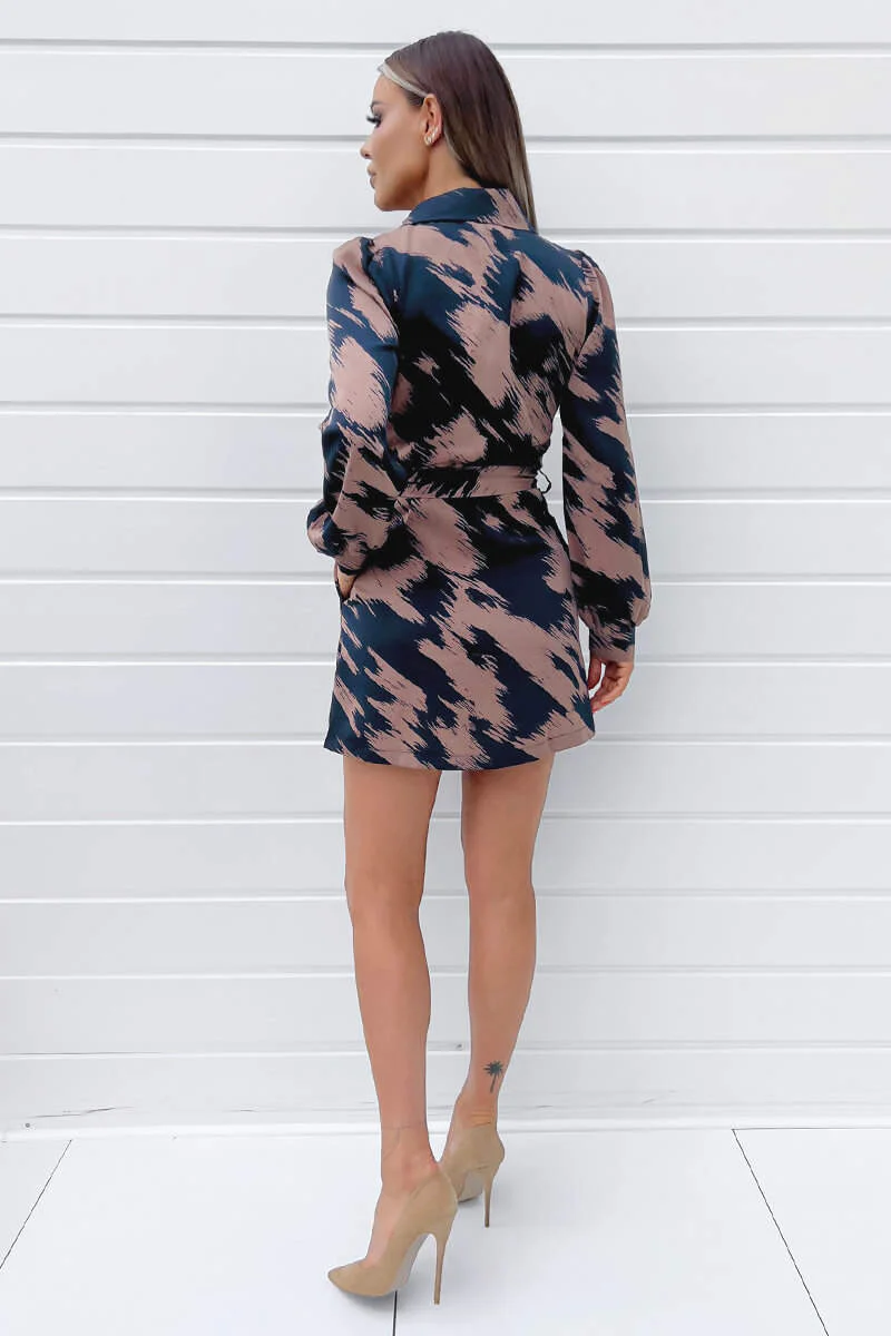 Brown and Navy Printed Long Sleeve Wrap Mini Dress - Swimclubus