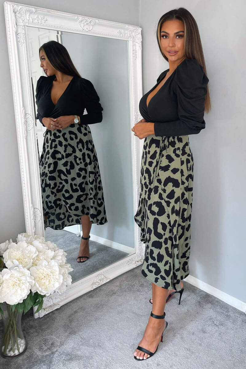 Black And Khaki 2 in 1 Animal Print Wrap Dress - Swimclubus