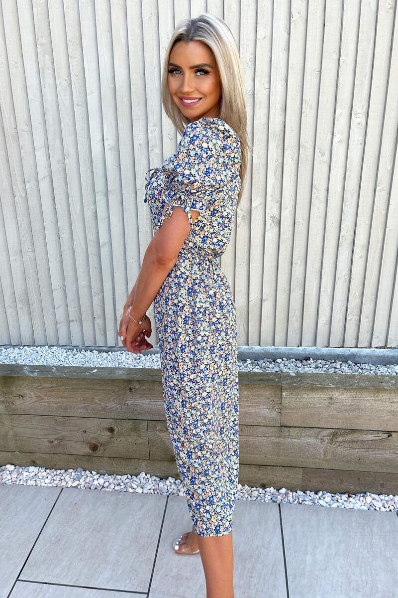 Multi Floral Square Neck Split Dress - Swimclubus