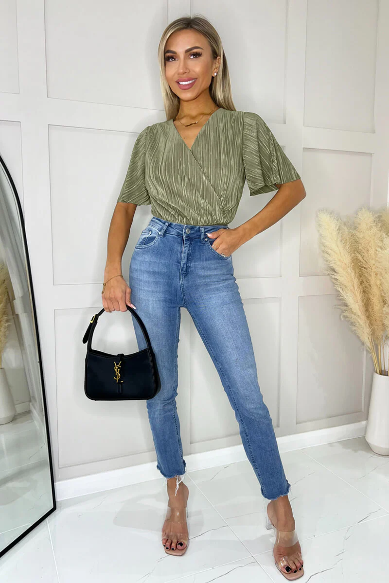 Light Khaki Wrap Top Butterfly Sleeve Plisse Bodysuit - Swimclubus