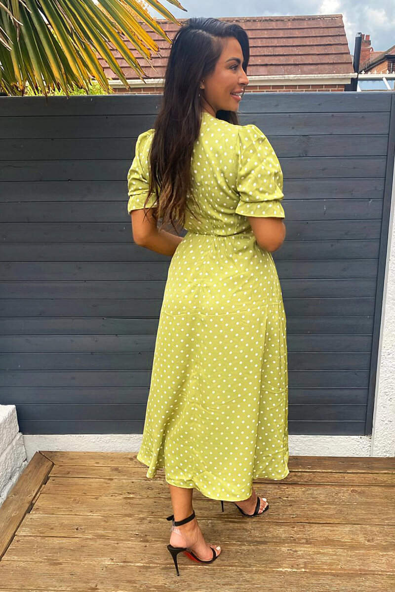 Olive Polka Dot Puff Sleeve Wrap Midi Dress - Swimclubus