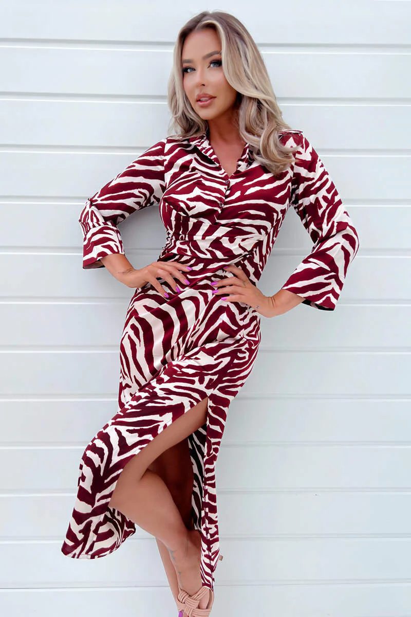 Burgundy Animal Print Button Top Gathered Side Midi Dress - Swimclubus