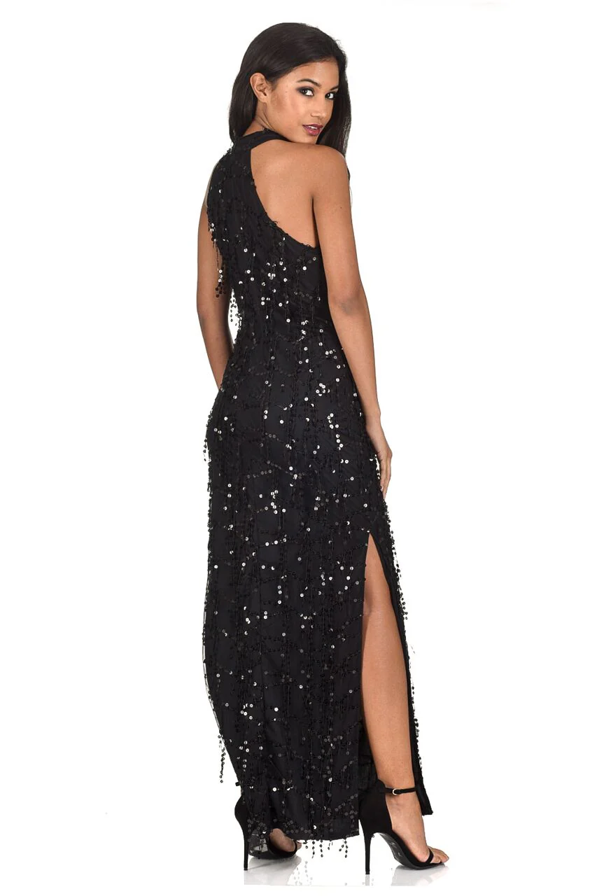 Black Cut In Neck Sequin Maxi Dress - Swimclubus