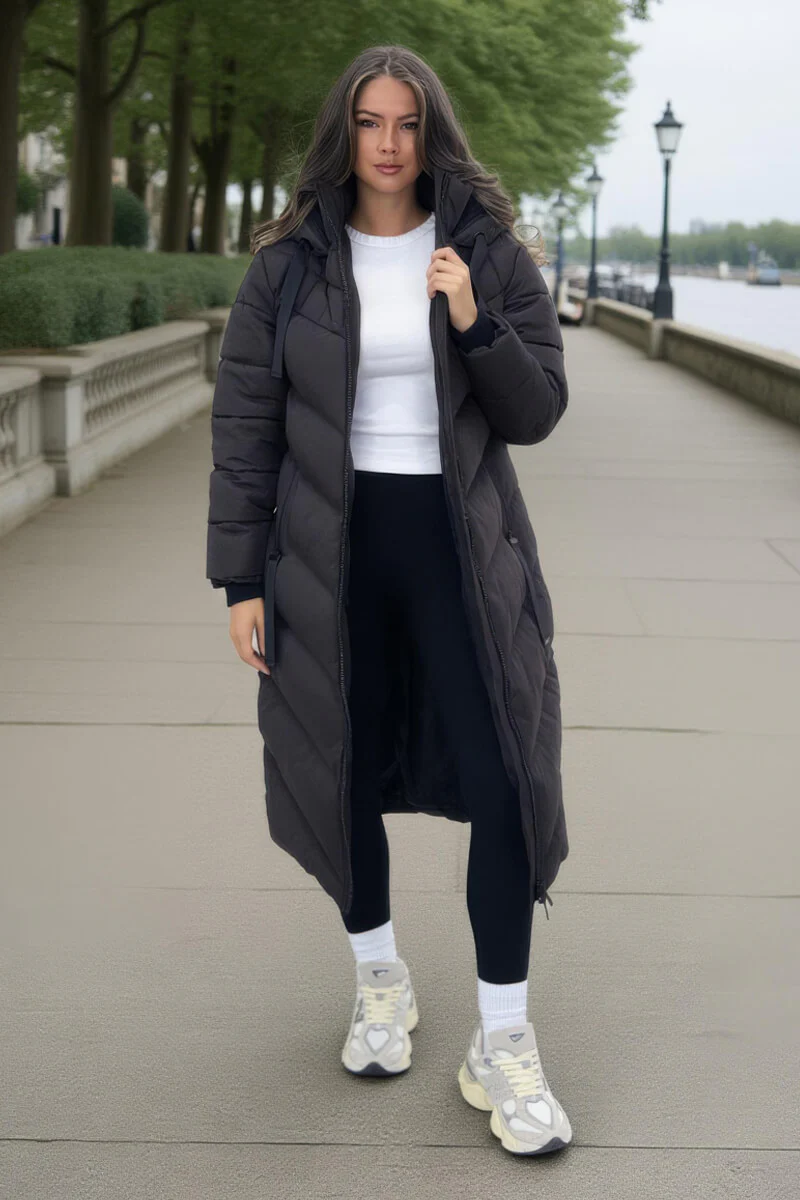 Chocolate Hooded Puffer Coat with Zip Front Pockets - Swimclubus