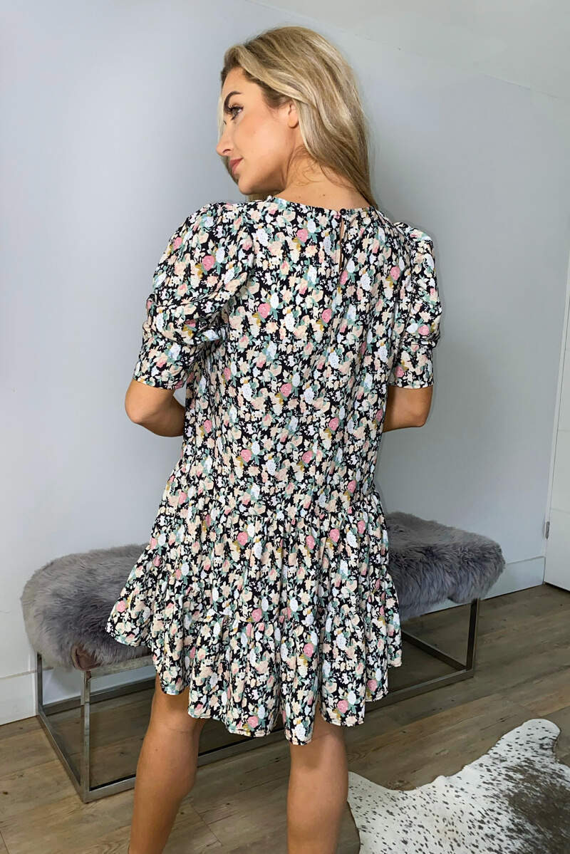 Black Floral Print Smock Dress - Swimclubus