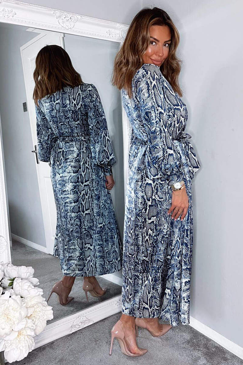 Navy Snake Print Tie Waist Midi Shirt Dress - Swimclubus