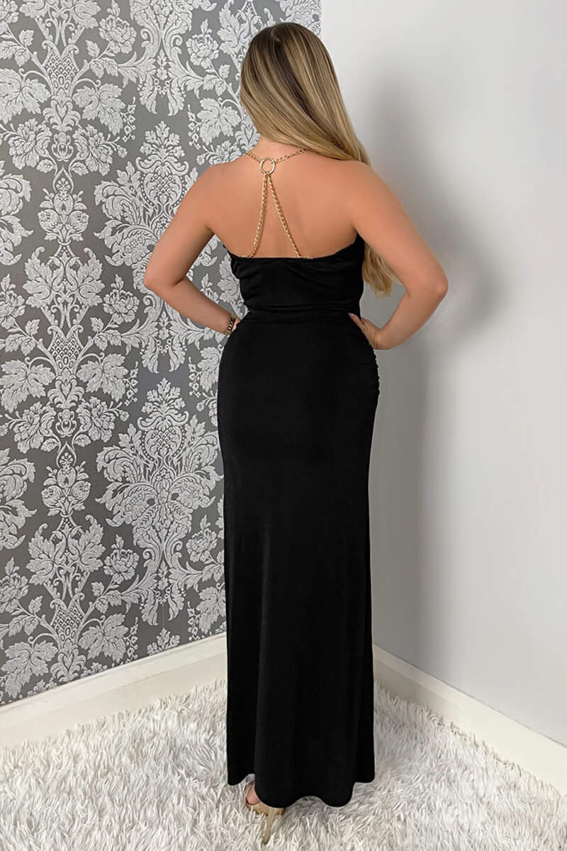 Black Wrap Top Ruched Side Chain Strap Midi Dress - Swimclubus