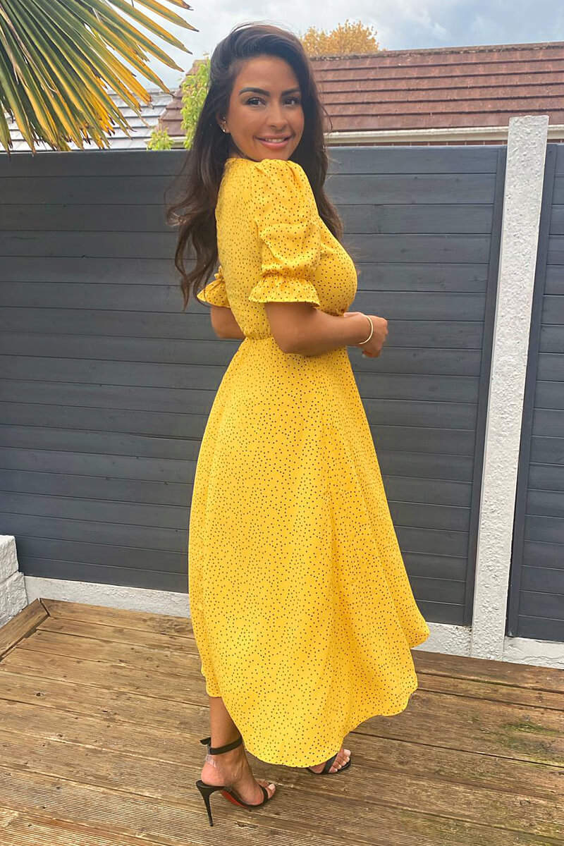 Yellow Polka Dot Wrap Midi Dress - Swimclubus