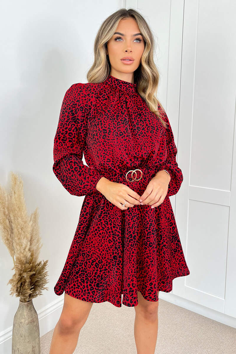 Red Leopard Print Gold Belted Skater Dress - Swimclubus