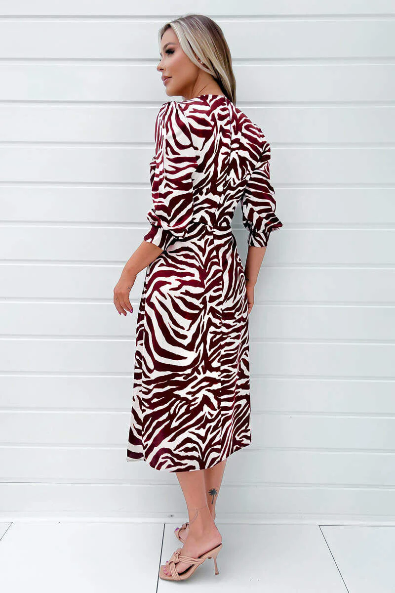 Burgundy Animal Print V Neck Midi Dress With Split - Swimclubus