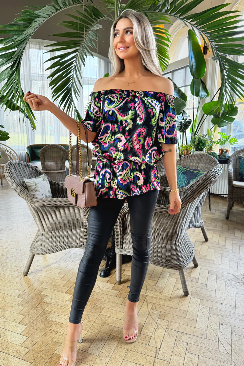 Multi Print Bardot Frill Sleeve Top - Swimclubus