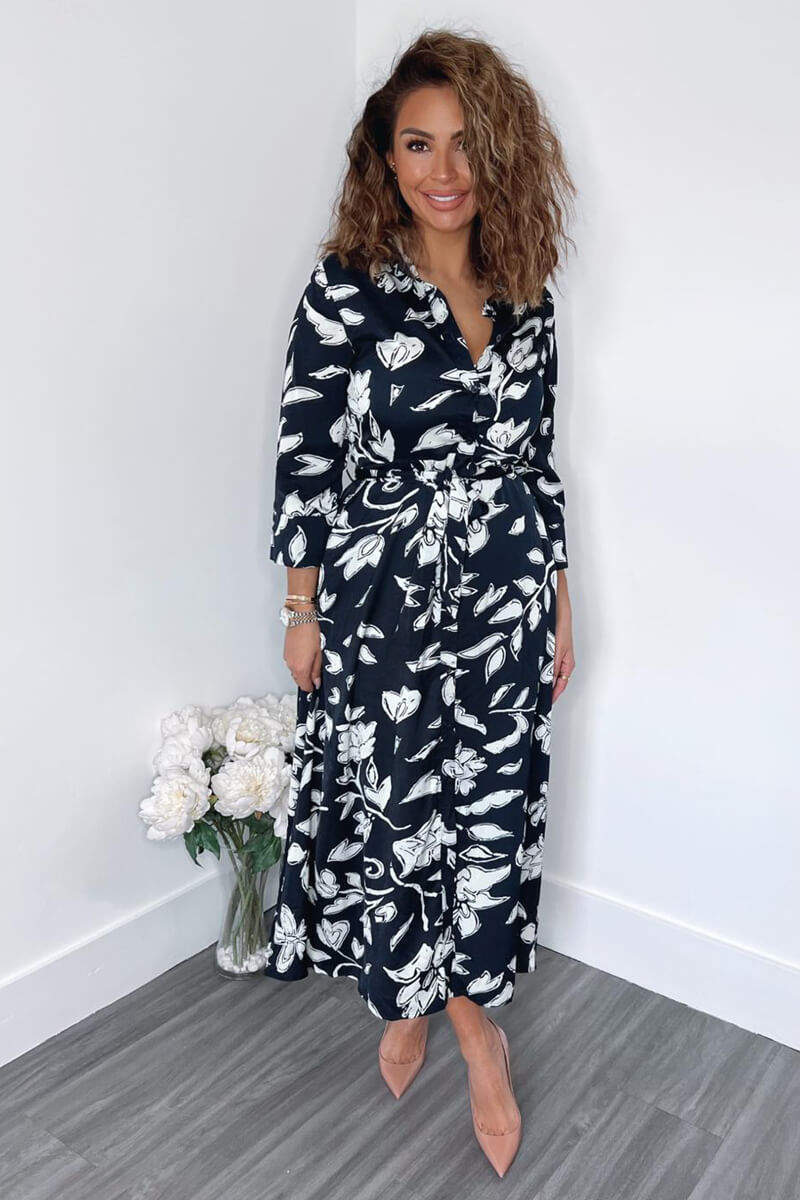 Navy And White Floral Printed Midi Shirt Dress - Swimclubus