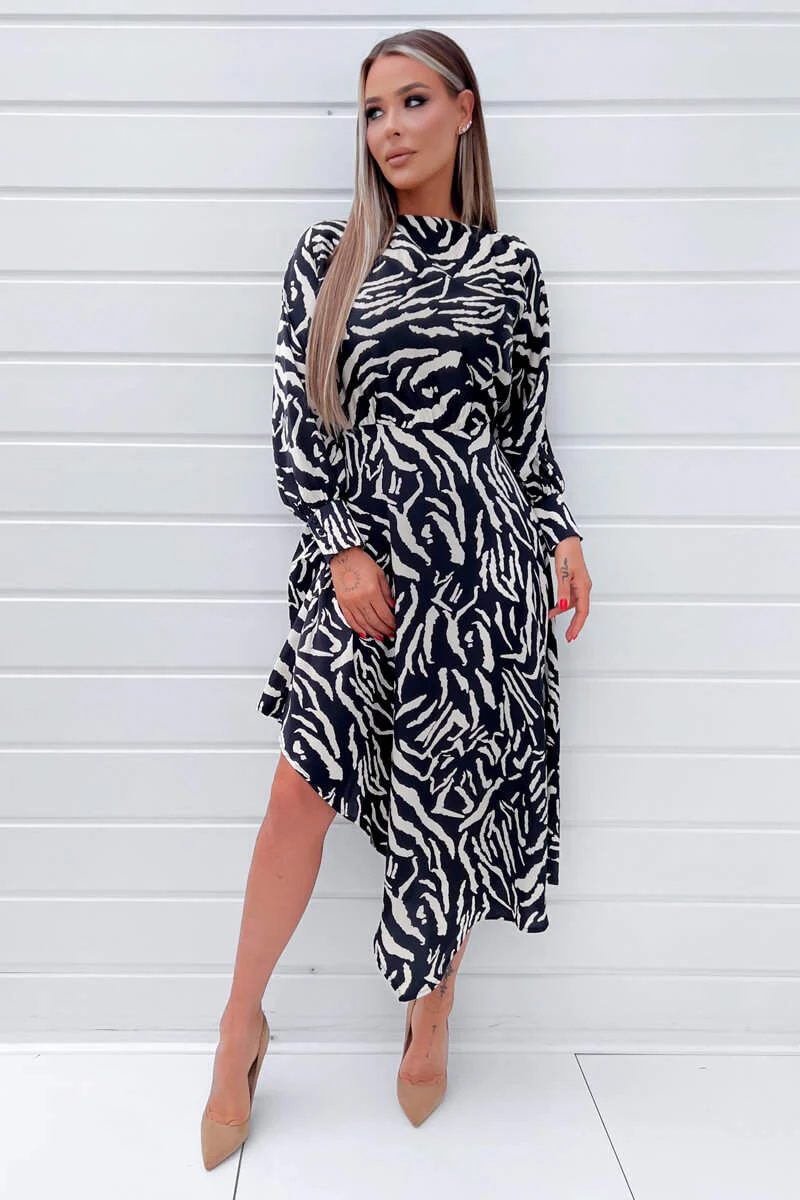 Black Animal Print High Low Skirt Midi Dress - Swimclubus