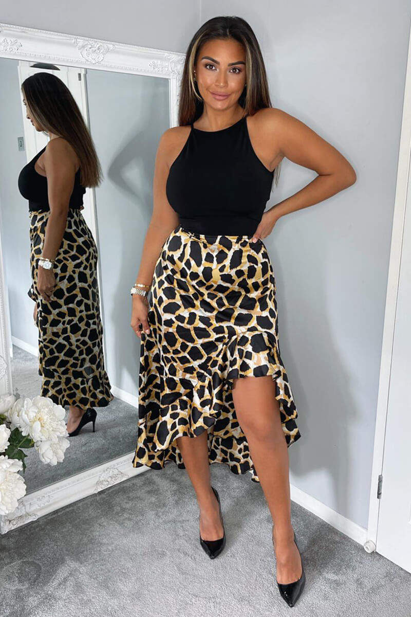 Black Animal Print 2 in 1 Dipped Hem Midi Dress - Swimclubus