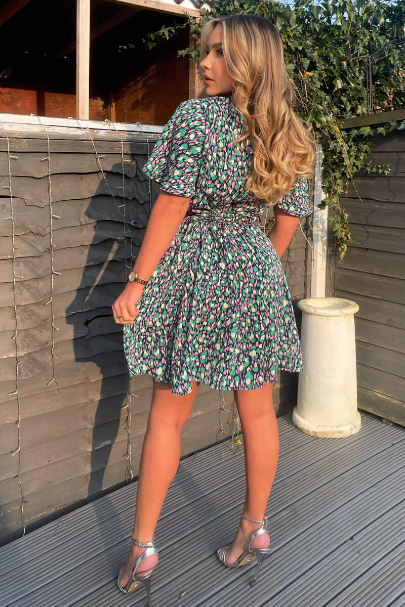 Navy And Green Printed Wrap Over Belted Skater Dress - Swimclubus