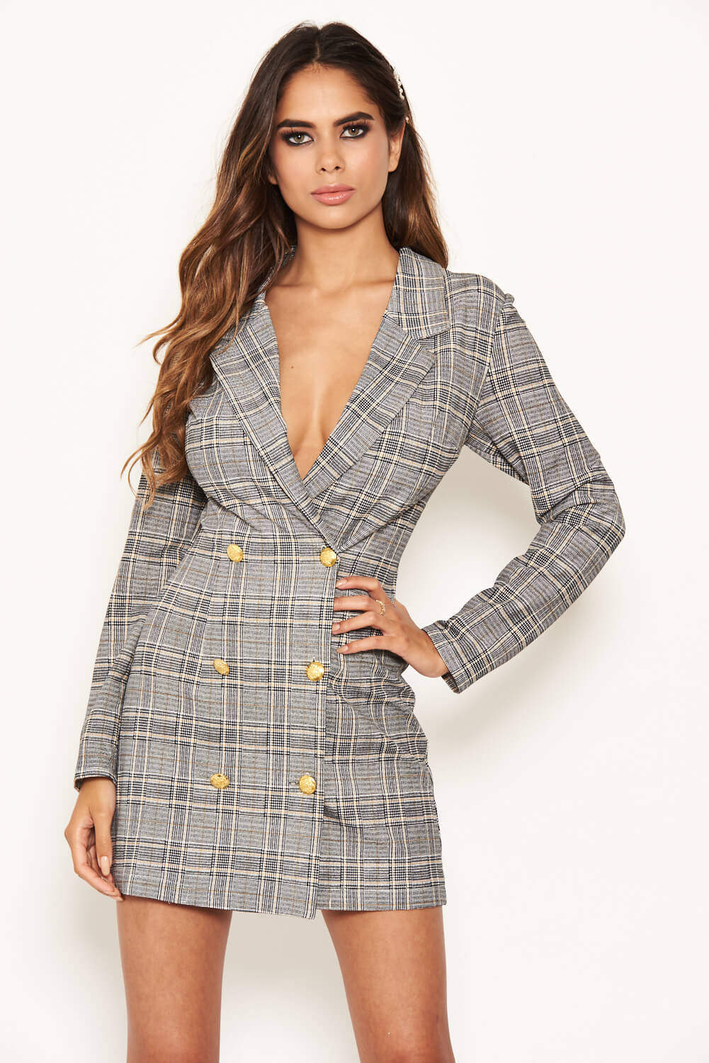 Grey Check Gold Button Blazer Dress - Swimclubus