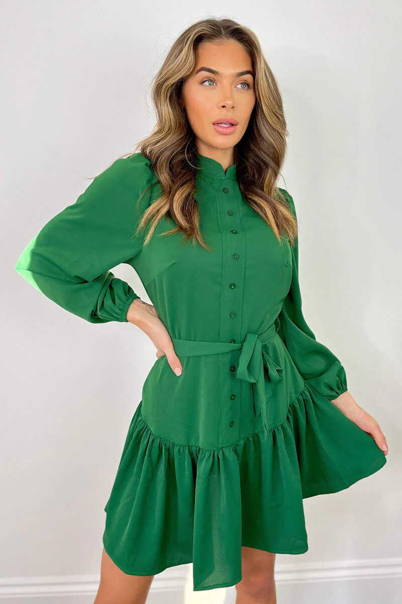 Green High Neck Button Frill Hem Dress - Swimclubus
