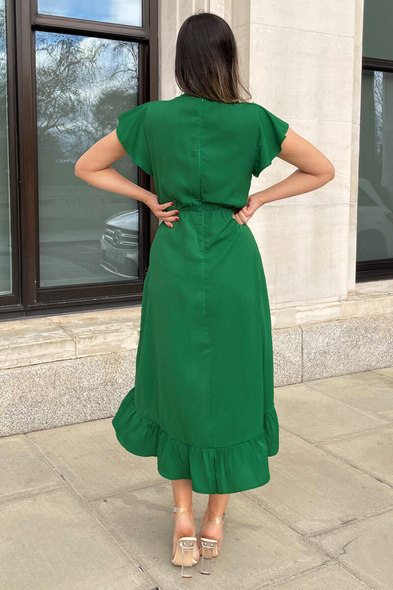Green Wrap Over Frill Hem Short Sleeve Midi Dress - Swimclubus