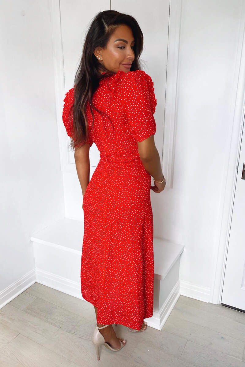 Red Polka Dot Frill Sleeve Midi Dress - Swimclubus